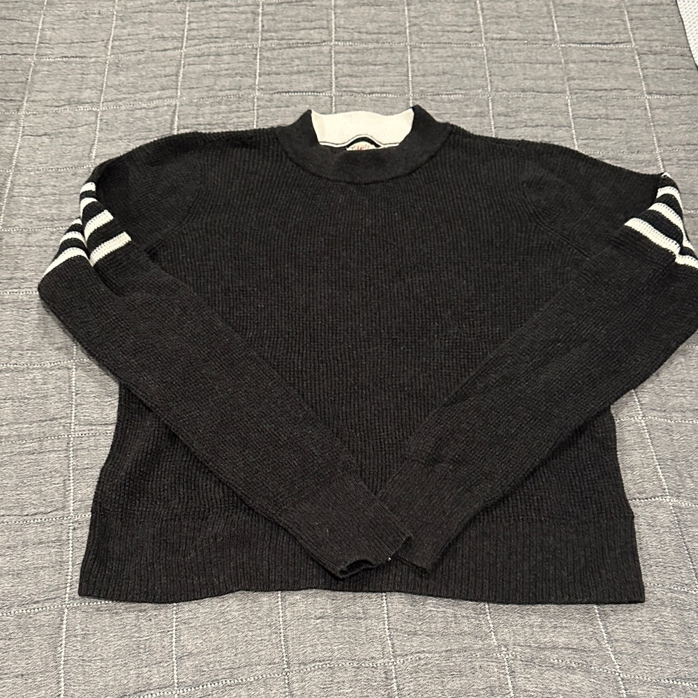 Charcoal Gray with white stripes on sleeves waffle sweater by Faherty